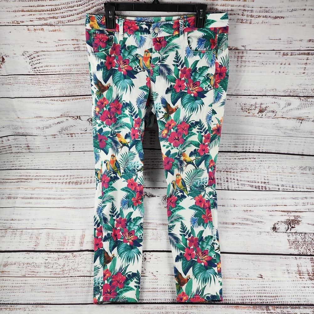 Tommy Bahama Denim Skinny Pants Womens 8 Floral Parrot Tropical TW115190